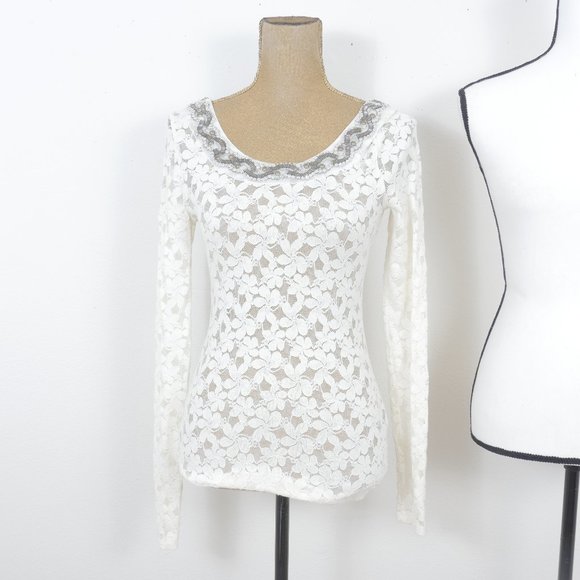 Free People Tops - Free People White Lace Long Sleeve Bronze Beaded Silver Sequin SZ XS Top Blouse
